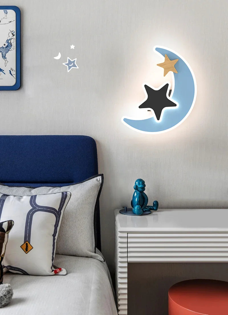 Luminária de parede led de desenho animado, moderna, criativa, lua, estrela, luz de parede, interior, bebê, quarto infantil, decoração de cabeceira, presente para crianças