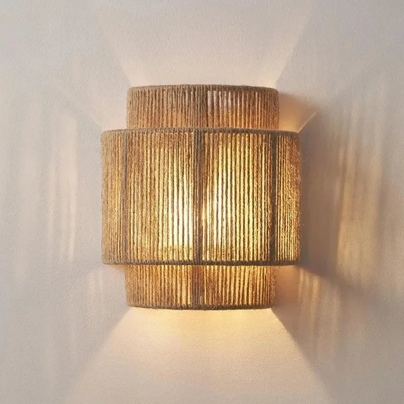 Led vintage bambu arandela lâmpada corda de cânhamo quarto luzes cabeceira sala jantar sala estar corredor japonês rattan lâmpada parede